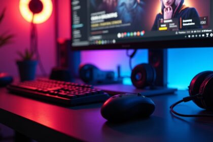 A close-up shot of a computer screen displaying a Twitch interface with highlighted details about streamer sanctions, surrounded by gaming accessories like a controller and headphones, prominently lit with cinematic lighting, photorealistic, 4K, HDR, ultra detailed, vibrant colors.