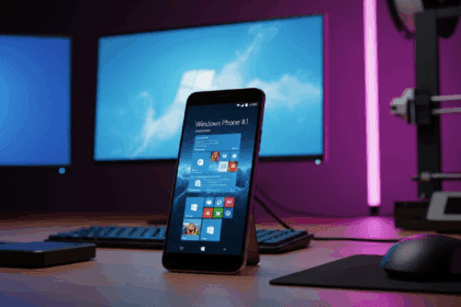 A visually striking and modern scene illustrating a tech-savvy workspace with a sleek smartphone displaying the latest updates of Windows Phone 8.1, surrounded by high-tech gadgets and glowing screens, all under a dynamic and futuristic ambiance. No texts on scene. Keywords: photorealistic style, high resolution, 4k details, HDR, cinematic lighting, professional photography, studio lighting, vibrant colors.