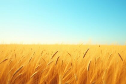 A vast wheat field under a clear blue sky with golden grains swaying in the breeze, showcasing abundant crops ready for harvest, photorealistic, 4K, HDR, cinematic lighting, ultra detailed, award-winning photography, studio shot, vibrant colors.