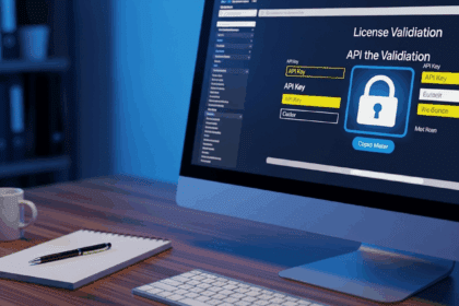 A close-up of a computer screen displaying a software license validation window with highlighted API key fields and a digital lock icon, set in a modern office environment with a notepad and pen beside it, photorealistic, 4K, HDR, cinematic lighting, ultra detailed, award-winning photography, vibrant colors.