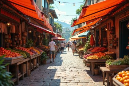 A cozy street market bustling with local vendors showcasing fresh produce and handmade crafts under colorful awnings, photorealistic, 4K, HDR, cinematic lighting, ultra detailed, award-winning photography, studio shot, vibrant colors.