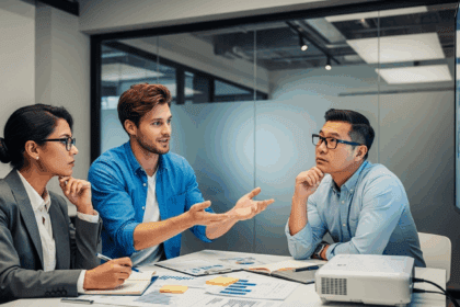 A dynamic scene depicting a collaborative team of three professionals engaging in a strategic planning session around a modern workspace, emphasizing synergy and efficiency. No texts on scene. Keywords: photorealistic style, high resolution, 4k details, HDR, cinematic lighting, professional photography, studio lighting, vibrant colors.