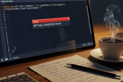A close-up shot of a computer screen displaying code with an error message about API key validation, surrounded by a notepad and a coffee cup on a wooden desk, photorealistic, 4K, HDR, cinematic lighting, ultra detailed, award-winning photography, vibrant colors.