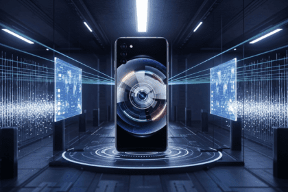 A modern, sleek presentation of a smartphone being showcased in a high-tech security environment, with visual elements representing protection and innovation surrounding it. no texts on scene. Keywords: photorealistic style, high resolution, 4k details, HDR, cinematic lighting, professional photography, studio lighting, vibrant colors.