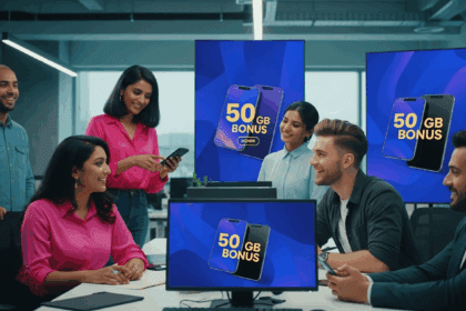A vibrant promotional scene featuring a modern office environment with enthusiastic individuals discussing mobile plans, surrounded by digital displays showcasing 50 GB bonus offers, implying excitement and opportunity. No texts on scene. Keywords: photorealistic style, high resolution, 4k details, HDR, cinematic lighting, professional photography, studio lighting, vibrant colors.
