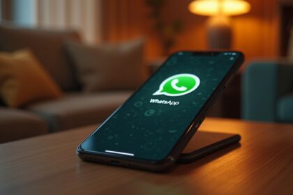 A close-up of a modern smartphone displaying a WhatsApp logo, resting on a wooden table, with a blurred background of a cozy living room and warm lighting, photorealistic, 4K, HDR, cinematic lighting, ultra detailed, vibrant colors.