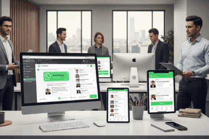 A modern, sleek workspace featuring various devices like laptops and tablets displaying WhatsApp, showcasing seamless connectivity and user-friendly interfaces in a vibrant, collaborative environment. no texts on scene. photorealistic style, high resolution, 4k details, HDR, cinematic lighting, professional photography, studio lighting, vibrant colors.