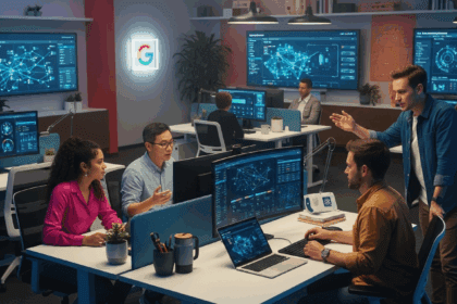 An engaging visual of a vibrant startup office focused on cybersecurity, featuring innovative technology displays, team discussions, and attention to detail that highlights collaboration and creativity, with hints of Google branding in the background. No texts on scene. Keywords: photorealistic style, high resolution, 4k details, HDR, cinematic lighting, professional photography, studio lighting, vibrant colors.