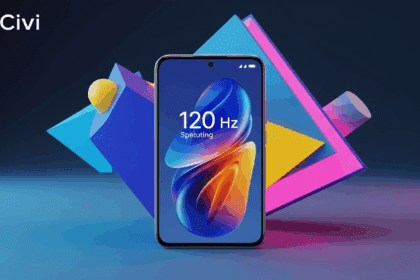 A sleek and modern smartphone display showcasing the Xiaomi Civi with a vibrant 120 Hz screen, surrounded by captivating geometric shapes symbolizing innovation and technology. no texts on scene. Keywords: photorealistic style, high resolution, 4k details, HDR, cinematic lighting, professional photography, studio lighting, vibrant colors.