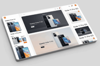 A vibrant online store interface showcasing the Xiaomi Redmi Note 11 5G and Note 11 Pro 5G surrounded by sleek product displays and modern tech aesthetics. no texts on scene. photorealistic style, high resolution, 4k details, HDR, cinematic lighting, professional photography, studio lighting, vibrant colors.