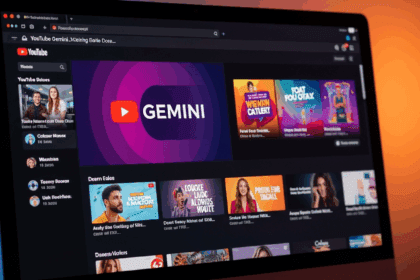 A close-up of a computer screen showing a YouTube interface with a prominent Gemini logo, surrounded by colorful advertisement graphics, with warm, inviting lighting, photorealistic, 4K, HDR, cinematic lighting, ultra detailed, award-winning photography, studio shot, vibrant colors.