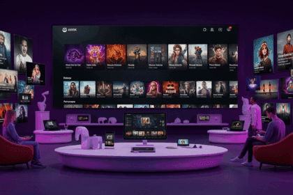 A vibrant and dynamic digital marketplace scene showcasing diverse media content, with an array of music and video options symbolizing a new streaming service, highlighting modern technology and user engagement. no texts on scene. photorealistic style, high resolution, 4k details, HDR, cinematic lighting, professional photography, studio lighting, vibrant colors.