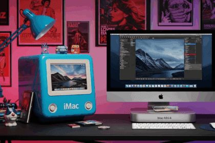 A creative workspace showcasing a transformed iMac G4 from 2002, now stylishly integrated with a modern Mac Mini M4, featuring a blend of retro and contemporary design elements. no texts on scene. photorealistic style, high resolution, 4k details, HDR, cinematic lighting, professional photography, studio lighting, vibrant colors.