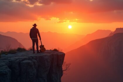 A lone musician standing on a scenic cliff at sunset, contemplating his future with a guitar by his side. Photorealistic, 4K, HDR, cinematic lighting, ultra detailed, award-winning photography, studio shot, vibrant colors.