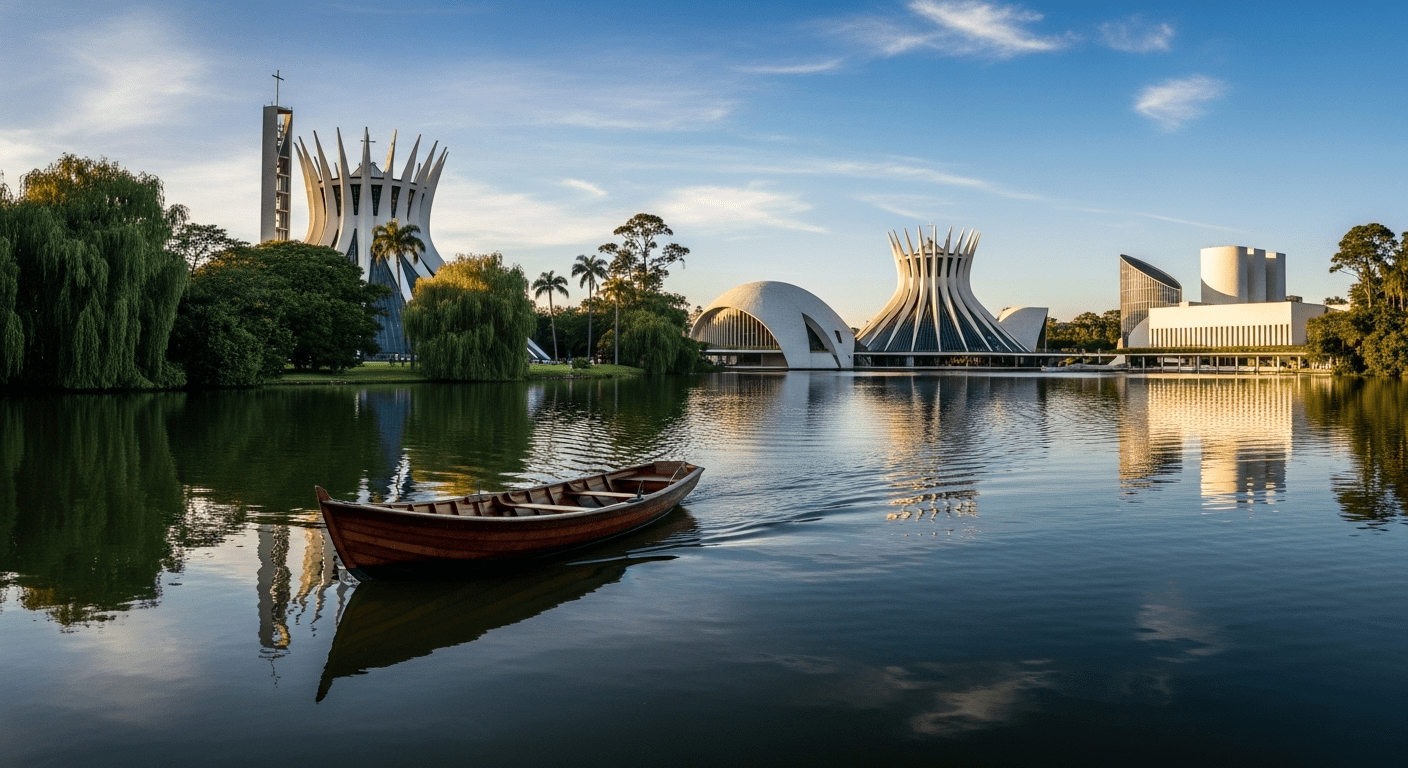 A serene lake scene featuring a picturesque boat gliding through the waters of Pampulha, surrounded by lush greenery and iconic modernist architecture, under a clear blue sky. No texts on scene. Keywords: photorealistic style, high resolution, 4k details, HDR, cinematic lighting, professional photography, studio lighting, vibrant colors.